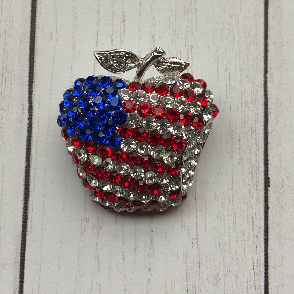 American Flag Apple Rhinestone Pin